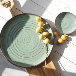 12" Green and  Gray Stoneware Platter, Large Green Ceramic Serving Plate