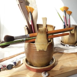 Porta brochas de maquillaje, Porta brochas de cerámica, Cerámica marrón, Almacenamiento de brochas marrones, Cerámica beige, Organizador de brochas, Almacenamiento de brochas