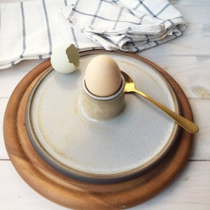 Ceramic Egg Cup with 8&quot; attached Plate, Modern Egg Cup with Plate,  Gray Blue Soft Boiled Egg Server
