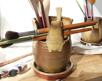 Makeup Brush Holder, Ceramic Brush Holder, Brown Pottery, Brown Brush Storage, Beige Pottery, Paint Brush Organizer, Paint Brush Storage