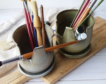 Makeup Brush Holder, Ceramic Brush Holder, Gray Pottery, Green Brush Storage, Green Pottery, Paint Brush Organizer, Bathroom Bedroom Storage