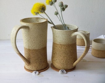 Tall Ceramic Pitcher, Yellow Pottery Jug, Speckled Pitcher