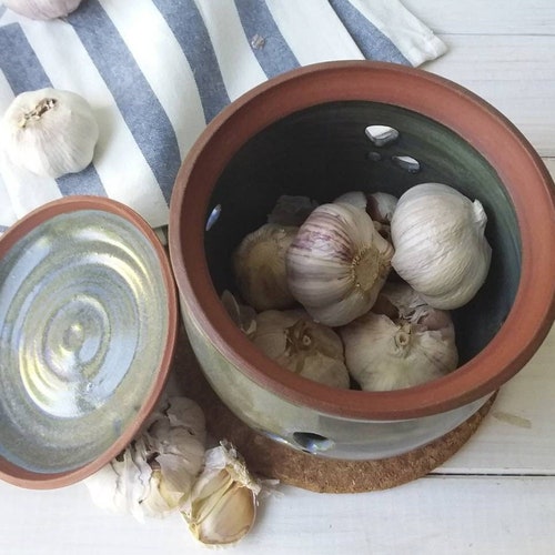 Gray Ceramic Garlic Keeper Lidded Pottery Garlic Jar Etsy