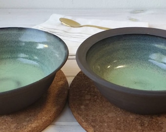 Black and Green Pottery Bowl Set, Set of Two Ceramic Serving Bowls, Black Ceramic Dessert Bowls