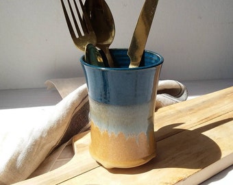 Blue and Brown Raised Cutlery Holder with Holes, Kitchen Utensil Crock, Pottery Cutlery Holder