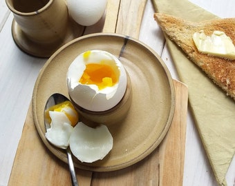 Ceramic Egg Cup with or without attached plate, Modern Beige Egg Holder, Soft Boiled Egg Holder