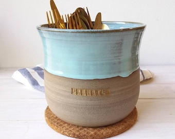 XL Blue and Gray Kitchen Utensil Holder, Large Blue Stoneware Kitchen Crock