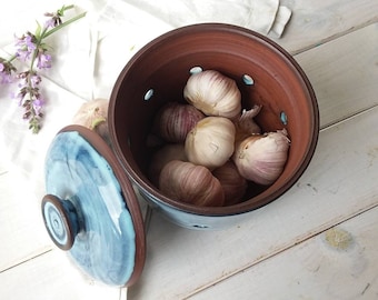 Large Ceramic Garlic or Onion Keeper, Terracotta and Black Garlic Crock, Rustic Storage Container, Blue Garlic or Potato Jar