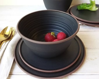 Black Stoneware Dinner Set, THREE PIECE Terracotta Clay Dinner Set