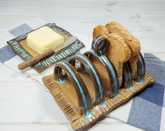 Ceramic Toast Rack and Butter Dish Set, Modern Pottery Toast Holder with Handle and Butter Dish