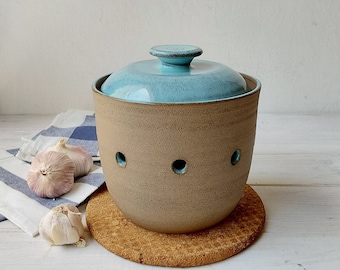Large Ceramic Garlic or Onion Keeper, Blue Gray Potato or Onion Storage Container