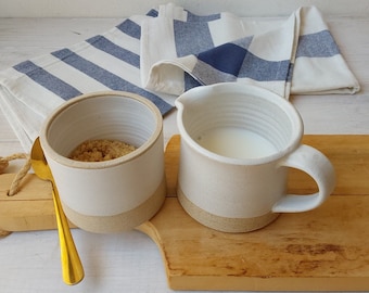 White Ceramic Creamer, Beige Pottery Milk Jug, White Sugar Bowl ( Optional )