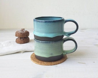 Green or Blue and Black Pottery Espresso Mug, 5 Fl. Oz. Ceramic Coffee Cup, Stoneware Cappuccino Mug