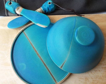 Covered Ceramic Butter Dish with Butter Knife, Pottery Cheese Dish with Lid