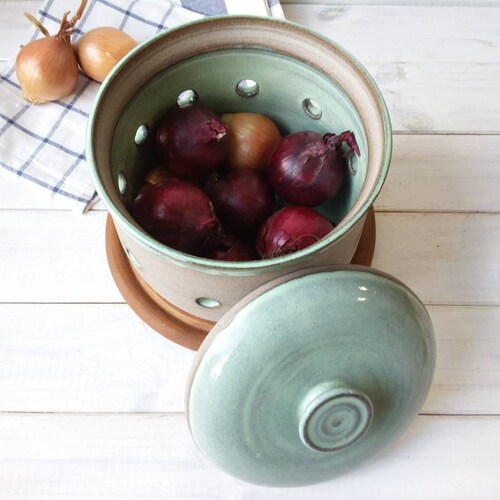 Large Ceramic Garlic or Onion Keeper Turquoise & Gray Potato Etsy