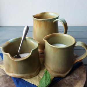 Pottery Creamer Set, Cream And Sugar Set, Coffee Set, Milk And Sugar Set, Green Sugar Bowl Set, Pottery Wedding Gift, Brown Creamer Set image 1