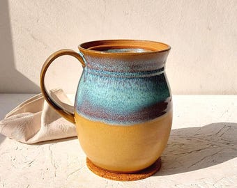27 fl. oz. Tall Ceramic Travel Mug, 700 ml Beige and Blue Travel Mug With Ceramic Lid and Handle
