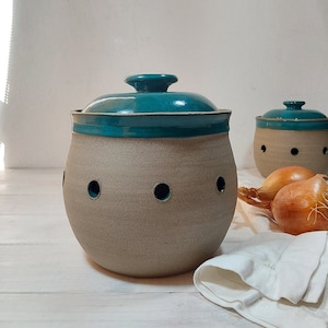 Large or Small Ceramic Garlic or Onion Keeper, Turquoise & Gray Potato or Onion Storage Container