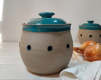 Large or Small Ceramic Garlic or Onion Keeper, Turquoise & Gray Potato or Onion Storage Container