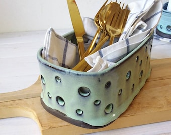 Green and Black Kitchen Utensil Holder, Green or Blue Rectangular Stoneware Kitchen Sink Caddy or Desk Organizer