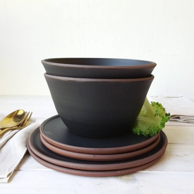 Black Stoneware Dinner Set, THREE PIECE Terracotta Clay Dinner Set image 10