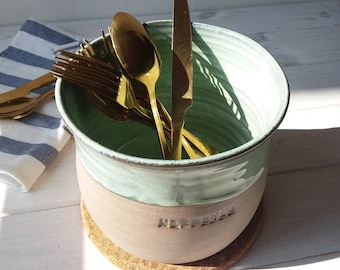 XL Green and Gray Kitchen Utensil Holder, Large Green Stoneware Kitchen Crock
