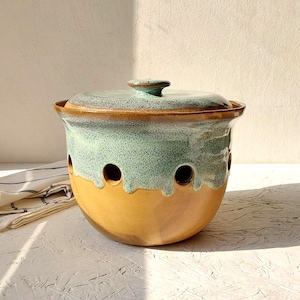 May include: A ceramic garlic keeper with a lid. The keeper is a mix of green and yellow with a brown rim and a small knob on the lid. It has several round holes for ventilation. The keeper sits on a white surface.