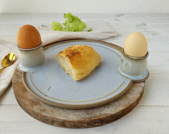 Double Soft Boiled Egg Cup With Attached Plate, Ceramic Egg Cup Set for Two Eggs