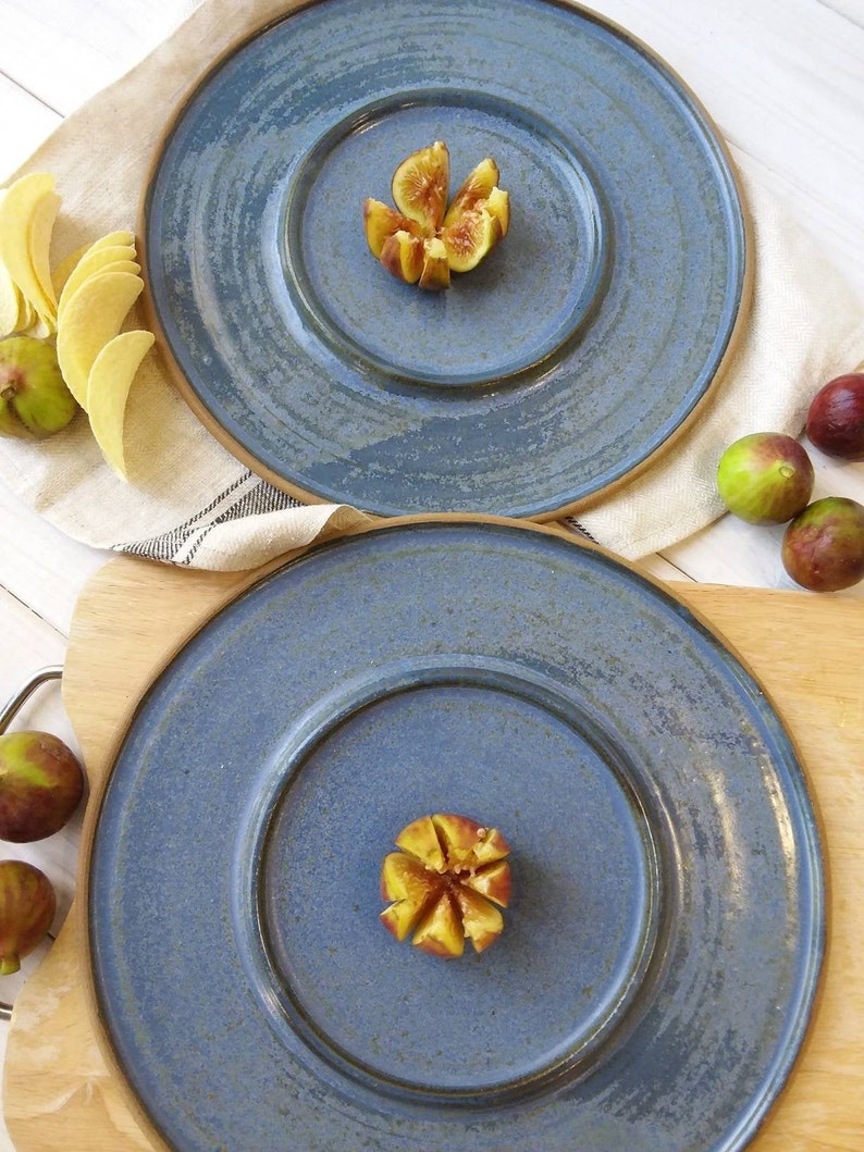 Large 11 Ceramic Serving Platter, Large Blue Pottery Dish with Inner Ring image 6