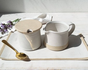 White Ceramic Creamer Set with Tray, Set Of Milk Jug, Sugar Bowl and Serving Dish