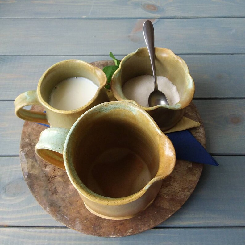 Pottery Creamer Set, Cream And Sugar Set, Coffee Set, Milk And Sugar Set, Green Sugar Bowl Set, Pottery Wedding Gift, Brown Creamer Set image 5