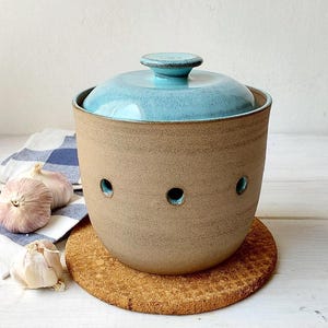 Large Handmade Ceramic Garlic or Onion Keeper, Blue Gray Potato or Onion Storage Container, Green Garlic Crock
