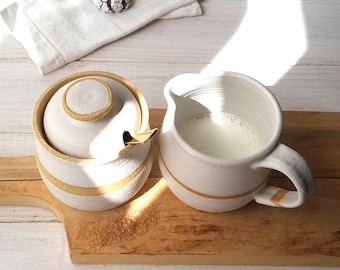 White Ceramic Creamer Set, Handmade Set Of Milk Jug & Sugar Bowl
