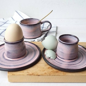 Pink and Black Ceramic Egg Cup, Pink and Black Egg Holder, Soft Boiled Egg Cup with Attached Plate