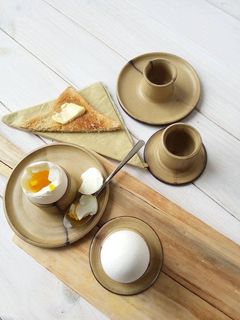 Ceramic Egg Cup with or without attached plate, Modern Beige Egg Holder, Soft Boiled Egg Holder image 9