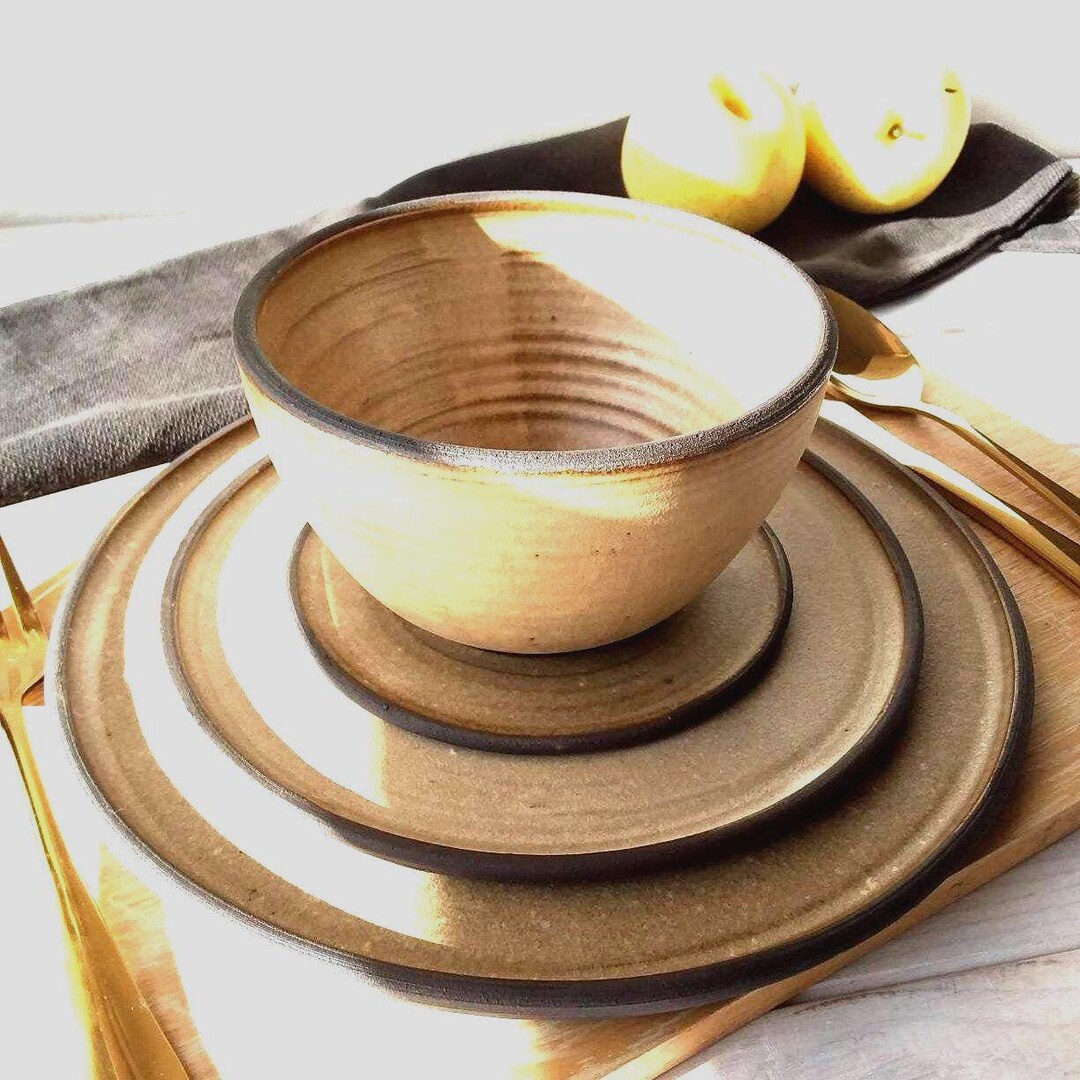 Beige and Black Stoneware Dinner Set, FOUR PIECE CERAMIC Dinner Set - Etsy