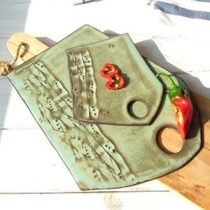 SET OF TWO Modern Rectangular Serving Trays, Green Textured Ceramic Trays, Pottery Cheese Platter, Handmade Green Sushi Board