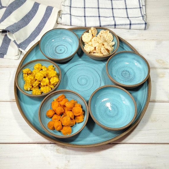 Light Blue and Gray Stoneware Platter and Bowl Set, Set of