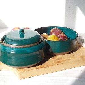 Joined Ceramic Bowls With Lid, Dark Turquoise and Gray Pottery Bowl Set, Chip And Dip Bowls