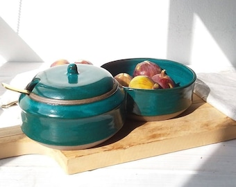 Joined Ceramic Bowls With Lid, Dark Turquoise and Gray Pottery Bowl Set, Chip And Dip Bowls