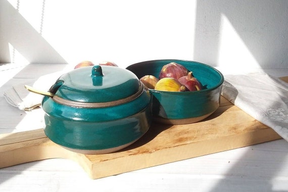 Gefügte KeramikSchalen mit Deckel, Dunkeltürkis und Grau Keramik Schüssel Set, Chip und Dip Schüsseln