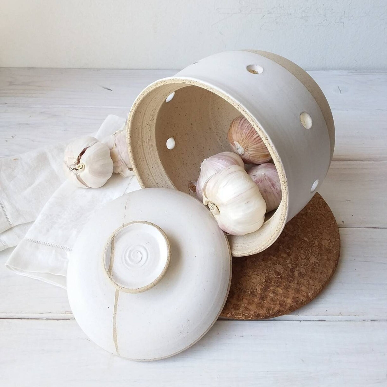 Large Ceramic Garlic or Onion Keeper White and Beige Potato Etsy