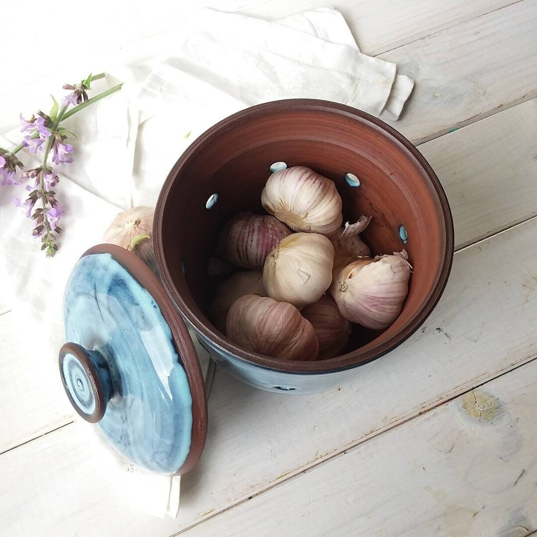 Large Ceramic Garlic or Onion Keeper, Terracotta and Black Garlic Crock