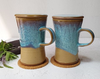 450 ml Blue Ceramic Mug with Lid, 15 Fl. Oz. Tall Pottery Cup, Modern Blue and Beige Tea Mug, Brown Ceramic Mug