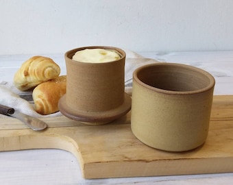 French Butter Crock, Rustic Beige French Butter Keeper with Handle