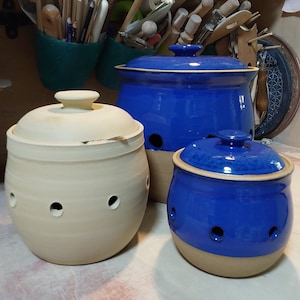 3XL Ceramic Potato or Onion Keeper, 9&quot; Blue and Brown Garlic, Potato or Onion Storage Container, Cobalt Blue Garlic or Potato Crock