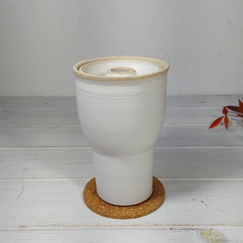 13.5 fl. oz. Tall White Ceramic Travel Mug, 400 ml White and Beige Travel Mug With Ceramic Lid image 5