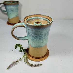 10液量オンス トールセラミックトラベルマグ、300ml ベージュ＆グリーン トラベルマグ（セラミック蓋とハンドル付き）