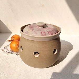 3XL Handmade Ceramic Potato or Onion Keeper, 7.5" Cherry and Gray Potato or Onion Storage Container, Jumbo Pink Potato Keeper
