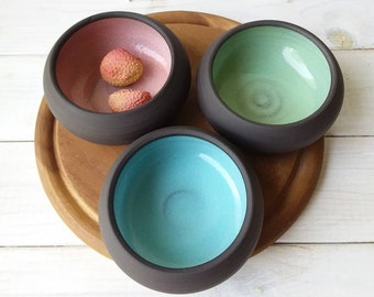 Small Black and Green Pottery Bowl, Pink or Blue Ceramic Serving Bowl, Black Ceramic Dessert Bowl, Pottery Snack Bowl